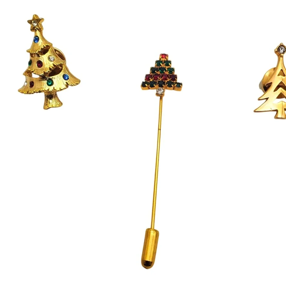 Vintage Christmas Tree Brooch Lapel Stick Pin Eisenberg Avon Holiday Rhinestone